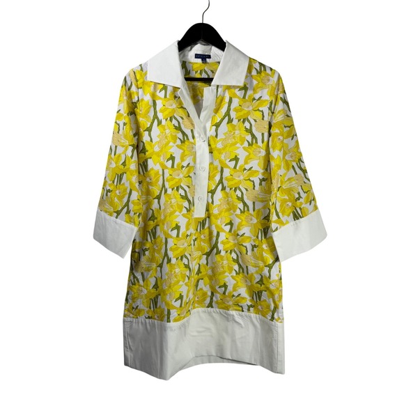 Katie Kime Yellow Daffodil Floral Tunic Dress White Contrast Trim Small Spring - Picture 5 of 14